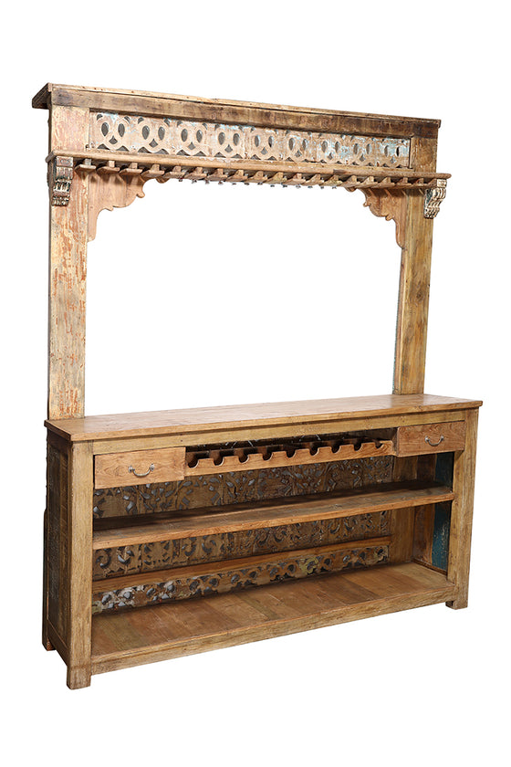 [[Old teak wood bar counter with a carved facade///Ancien comptoir de bar en bois de teck avec une façade sculptée]]
