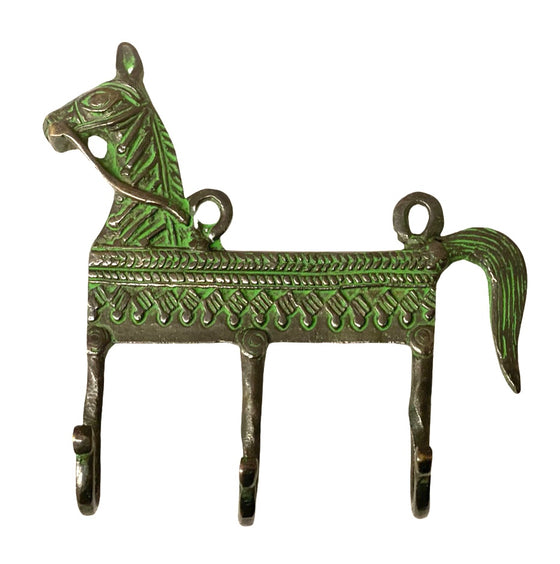 [[Brass tribal horse wall hook - 3 hooks///Crochet mural tribal en laiton en forme de cheval  - 3 crochets]]