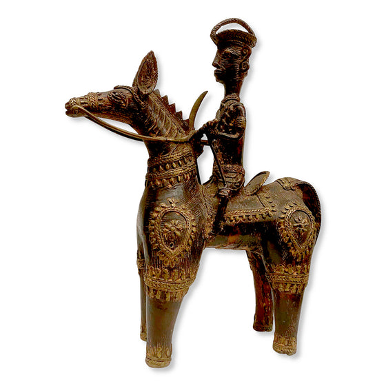 [[Old brass Bastar tribal art horse and rider///Ancien cheval et cavalier en laiton d'art tribal Bastar]]