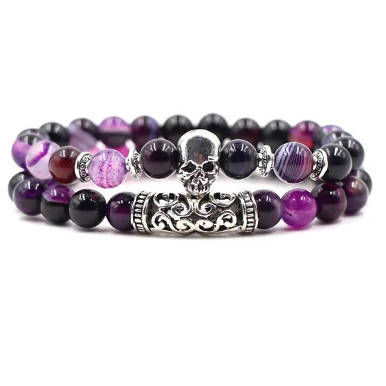 [[Skull - purple natural stone bracelet set///Crâne - Ensemble de bracelets en pierres naturelles]]
