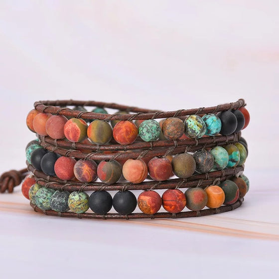[[Vintage leather natural gemstone wrap bracelet///Bracelet enveloppant en cuir vieilli avec pierres naturelles]]