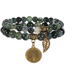  [[Set of 2 bracelets with a tree of life charm - moss agate///Set de 2 bracelets avec une breloque arbre de vie - agate mousse]]