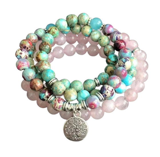 [[Mala prayer beads - emperor jasper, turquoise, amazonite and rose quartz///Perles de prière Mala - jaspe empereur, turquoise, amazonite et quartz rose]]