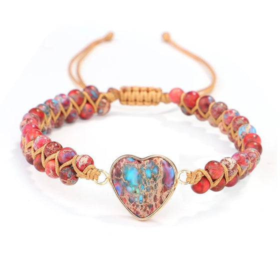 [[Hand braided jasper stone heart bracelet - red tones///Bracelet coeur en pierre de jaspe tressé à la main - tons rouges]]