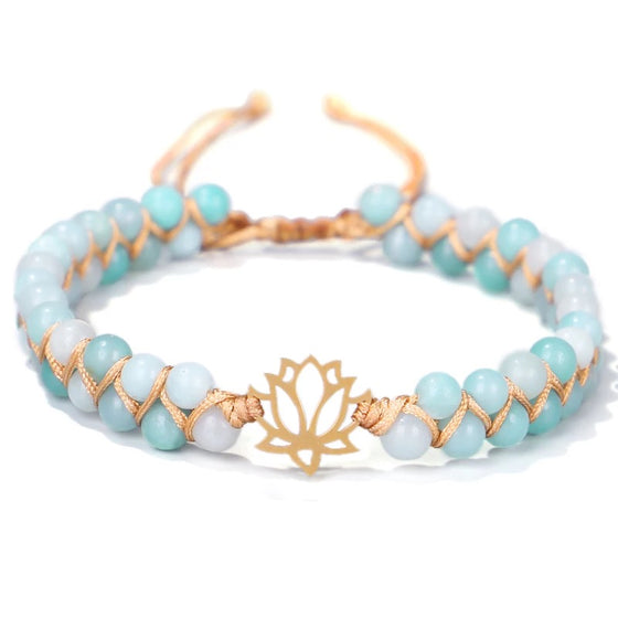 [[Hand braided amazonite bracelet with a lotus charm///Bracelet en amazonite tressé à la main avec une breloque en forme de lotus]]