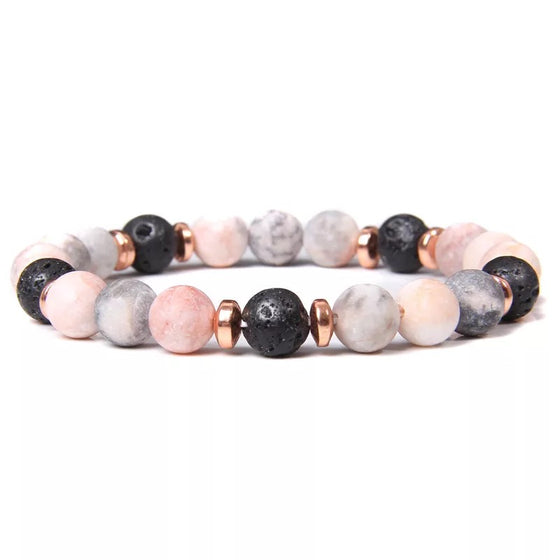 [[Pink zebra jasper and lava stone diffuser bracelet///Bracelet diffuseur en jaspe rose zébré et pierre de lave]]