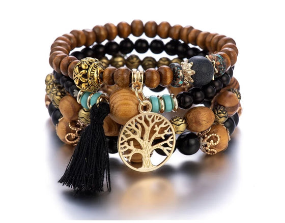 [[Tree of life - set of bead bracelets - black and wood///Arbre de vie - ensemble de bracelets de perles - noir et bois]]