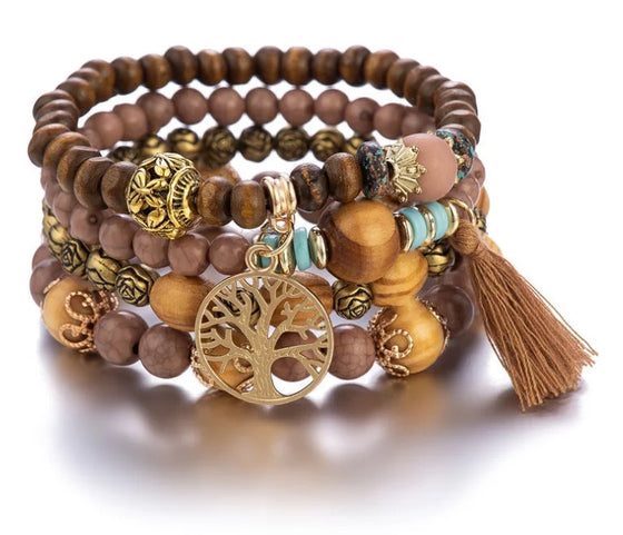 [[Tree of life - set of bead bracelets - beige and wood///Arbre de vie - ensemble de bracelets de perles - beige et bois]]