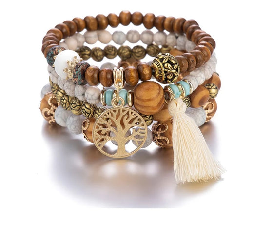 [[Tree of life - set of bead bracelets - white and wood///Arbre de vie - ensemble de bracelets de perles - blanc et bois]}