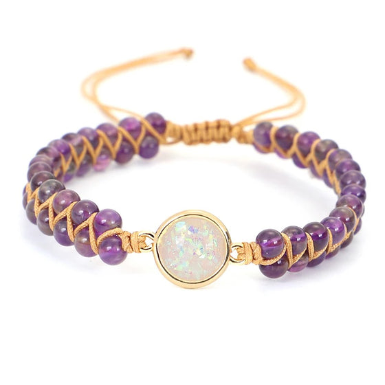 [[Hand braided amethyst bracelet with an opal charm///Bracelet d'améthyste tressé à la main avec une breloque d'opale]]