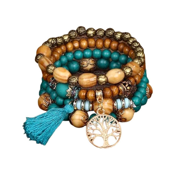 [[Tree of life - set of bead bracelets - blue and wood///Arbre de vie - ensemble de bracelets en perles - bleu et bois]]