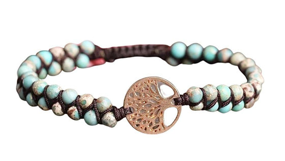 [[Hand braided ocean jasper bracelet with tree of life charm///Bracelet en jaspe océanique tressé à la main avec breloque arbre de vie]]