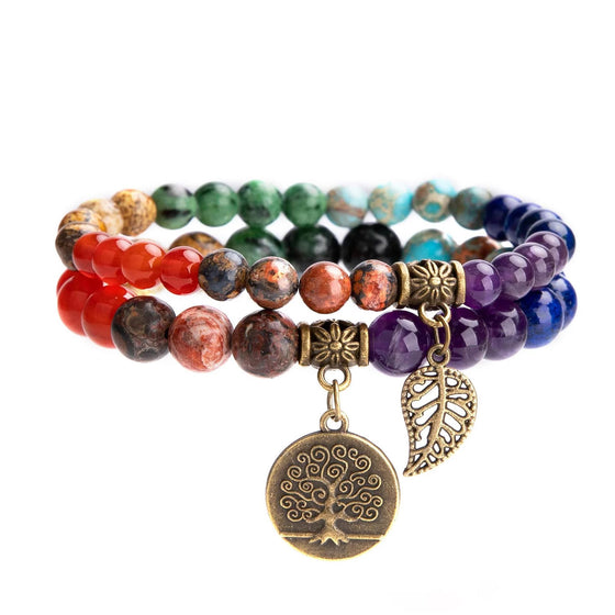 [[Set of 2 bracelets with a tree of life charm - chakra stones///Set de 2 bracelets avec une breloque arbre de vie - pierres chakra]]
