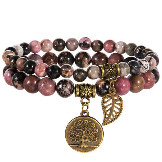 [[Set of 2 bracelets with a tree of life charm - rhodonite///Set de 2 bracelets avec une breloque arbre de vie - rhodonite]]