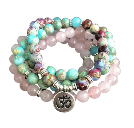 [[Mala prayer beads - emperor jasper, turquoise, amazonite and rose quartz///Perles de prière Mala - jaspe empereur, turquoise, amazonite et quartz rose]]