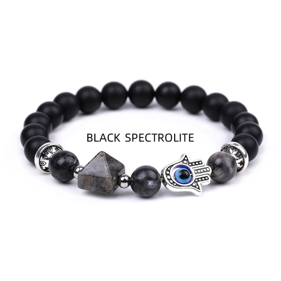 [[Hamsa protection bracelet - Black spectrolite///Bracelet de protection Hamsa - Spectrolite noire]]