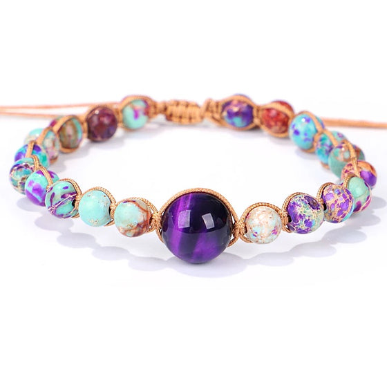[[Hand braided jasper bracelet with a purple tiger's eye charm///Bracelet en jaspe tressé à la main avec une breloque oeil de tigre violet]]
