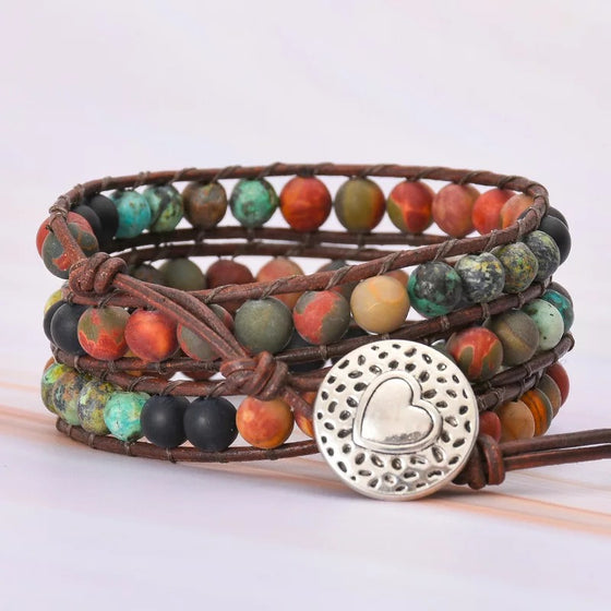[[Vintage leather natural gemstone wrap bracelet///Bracelet enveloppant en cuir vieilli avec pierres naturelles]]