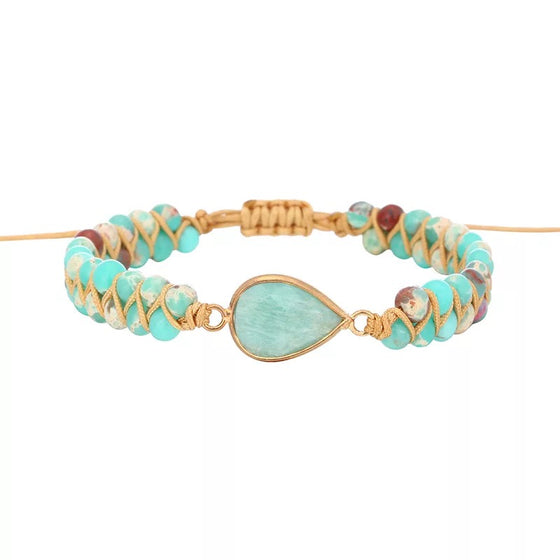 [[Hand braided emperor jasper bracelet with an amazonite charm///Bracelet en jaspe empereur tressé à la main avec une breloque en amazonite]]