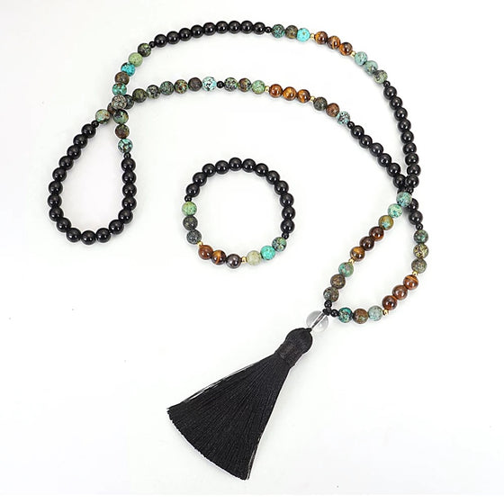 [[Mala prayer beads and bracelet set - mixed natural stones///Ensemble de perles de prière et bracelet Mala - mélange de pierres naturelles]]