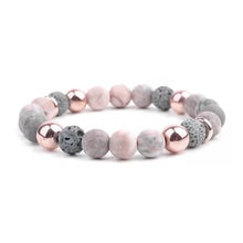  [[Pink zebra jasper and grey lava stone diffuser bracelet///Bracelet diffuseur en jaspe zébré rose et pierre de lave grise]]