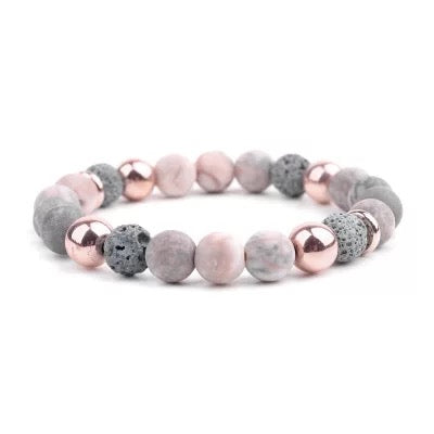 [[Pink zebra jasper and grey lava stone diffuser bracelet///Bracelet diffuseur en jaspe zébré rose et pierre de lave grise]]