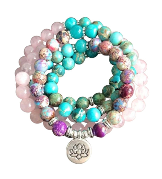 [[Mala prayer beads - emperor jasper, turquoise, amazonite and rose quartz///Perles de prière Mala - jaspe empereur, turquoise, amazonite et quartz rose]]