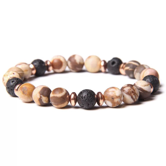 [[Brown zebra jasper and lava stone diffuser bracelet///Bracelet diffuseur en jaspe zébré brun et pierre de lave]]