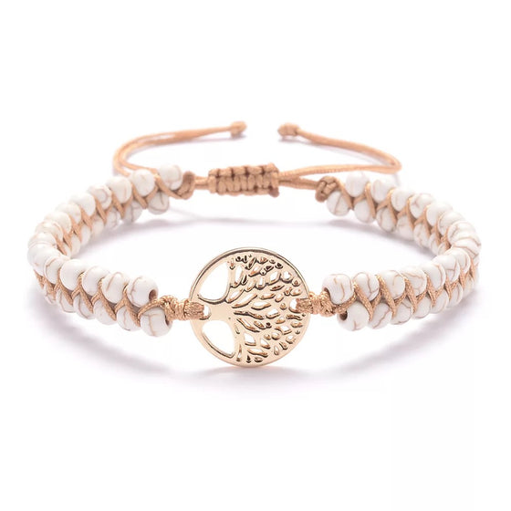 [[Hand braided white turquoise bracelet with tree of life charm///Bracelet en turquoise blanche tressée à la main avec breloque arbre de vie]]