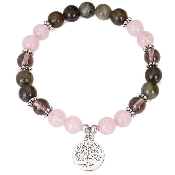 [[Rose quartz and crystal bracelet with a tree of life charm///Bracelet en quartz rose et cristal avec une breloque arbre de vie]]