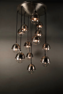  [[Hand forged metal and glass chandelier with 13 small globes///Lustre en métal et verre forgé à la main avec 13 petits globes]]